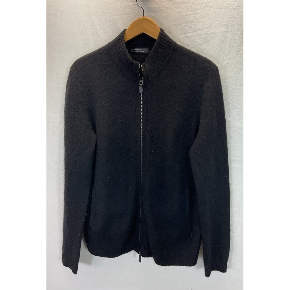 Saks Fifth Avenue Mens Cashmere Full Zip Cardigan Sweater Black Mock Neck Sz M